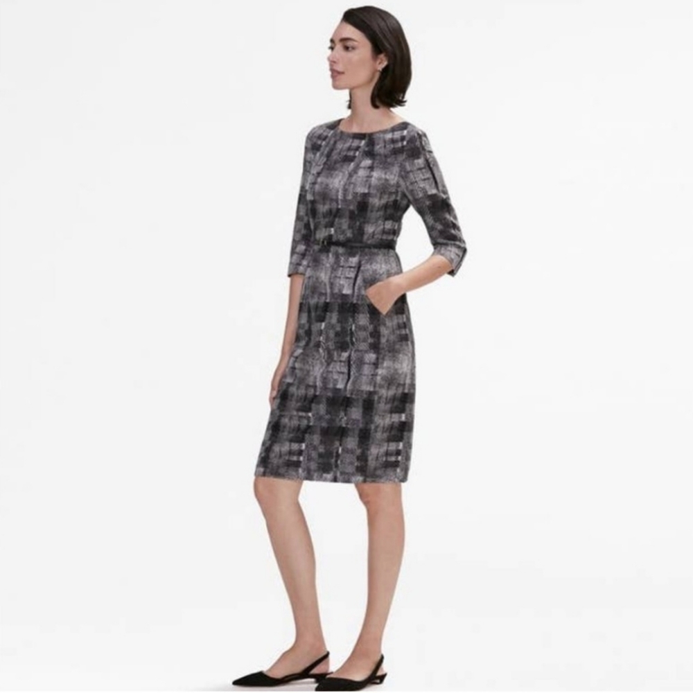 MM Lafleur Gray Black Matcha Scratch Plaid 3/4 Sleeve Sheath Dress Size 16